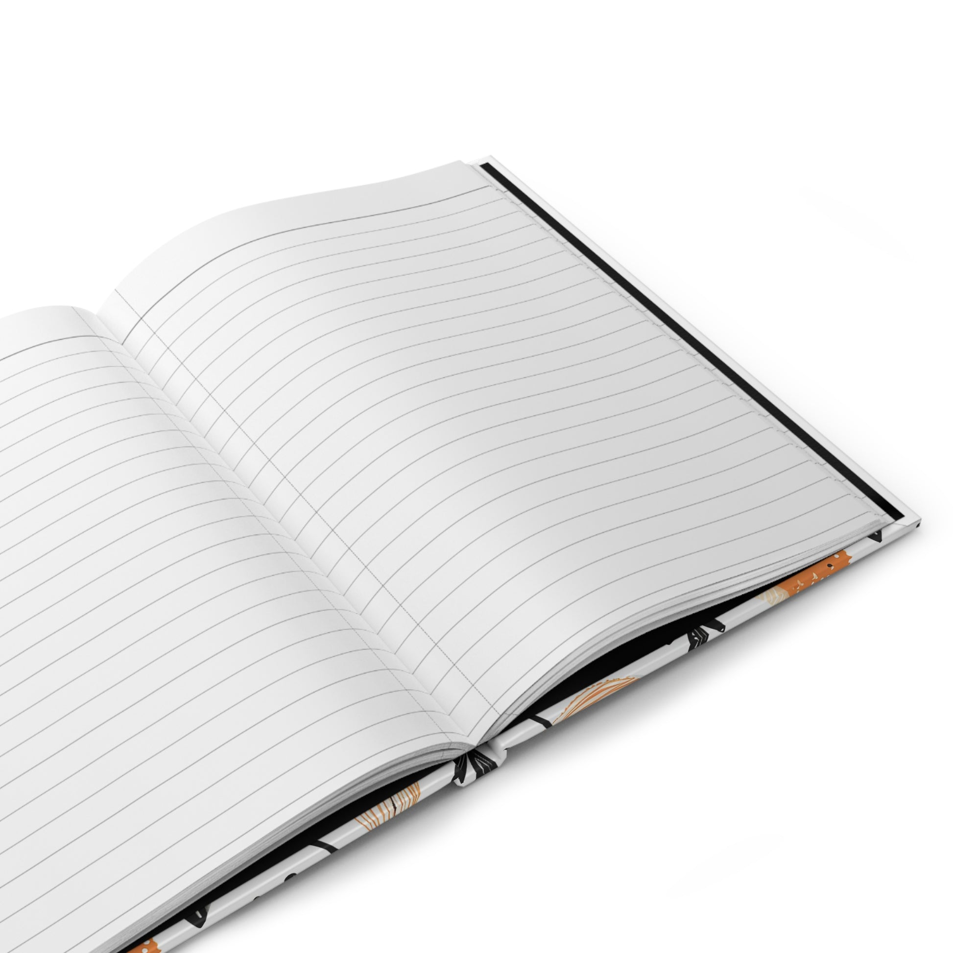 Open notebook with lined pages on a white background