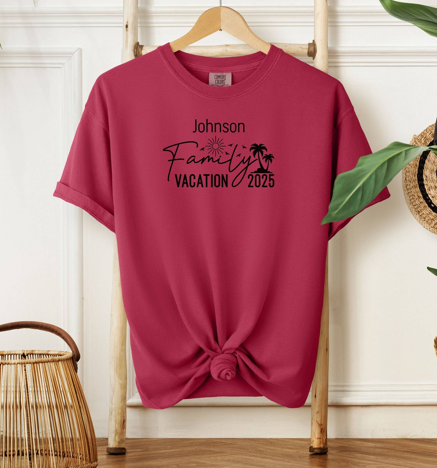 Chili T-shirt with a customizable “Family Vacation 2025” design featuring a sun, palm trees, and modern script font. Personalized with a family name, this shirt is perfect for coordinating outfits on summer vacations, reunions, or beach trips, creating a fun and memorable matching look for the whole group.