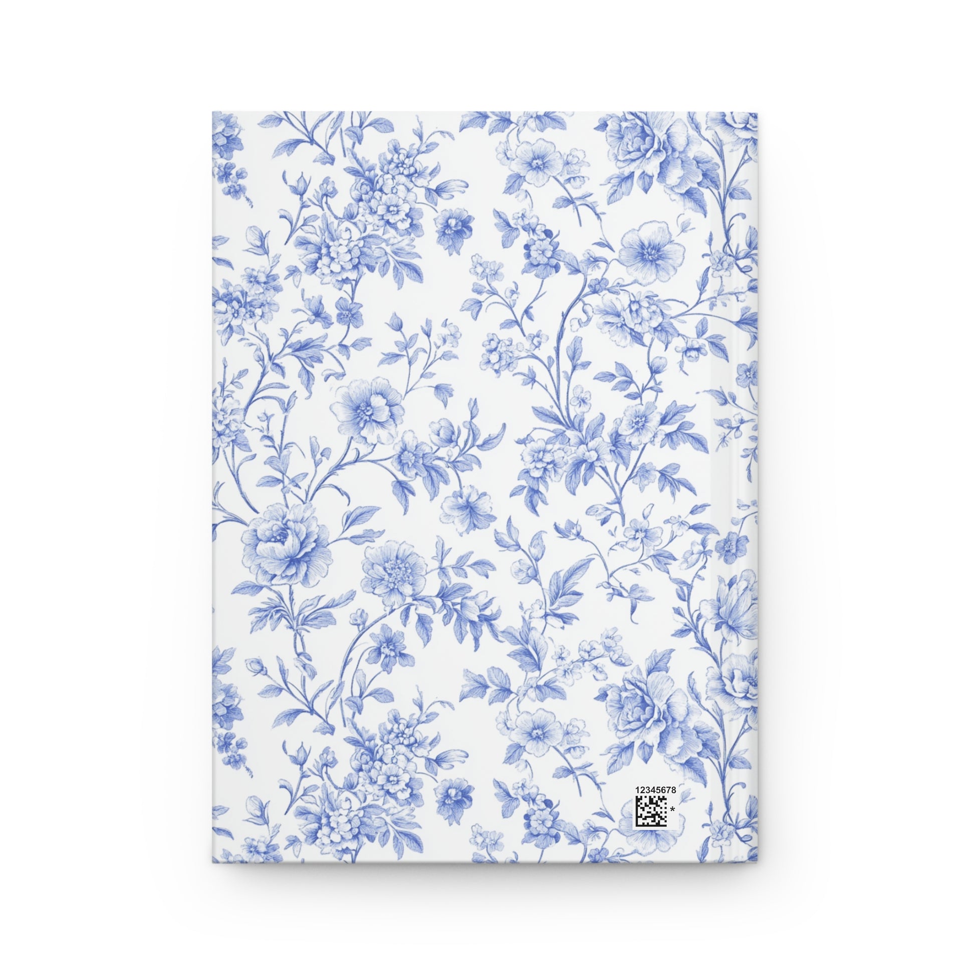 Hardcover journal with blue floral pattern on a white background back cover