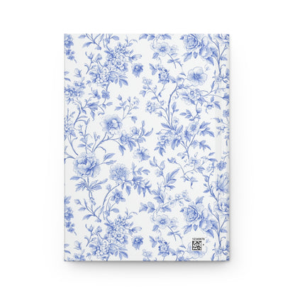 Hardcover journal with blue floral pattern on a white background back cover