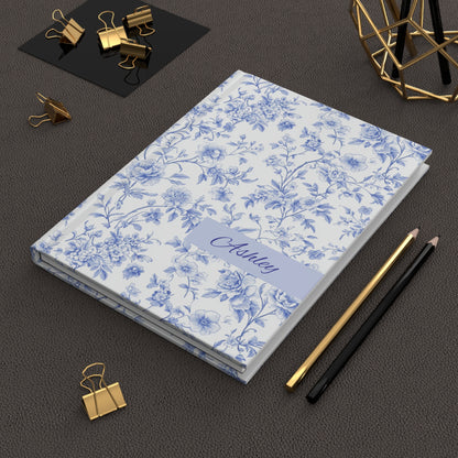 Personalized French country blue toile floral journal in an office setting