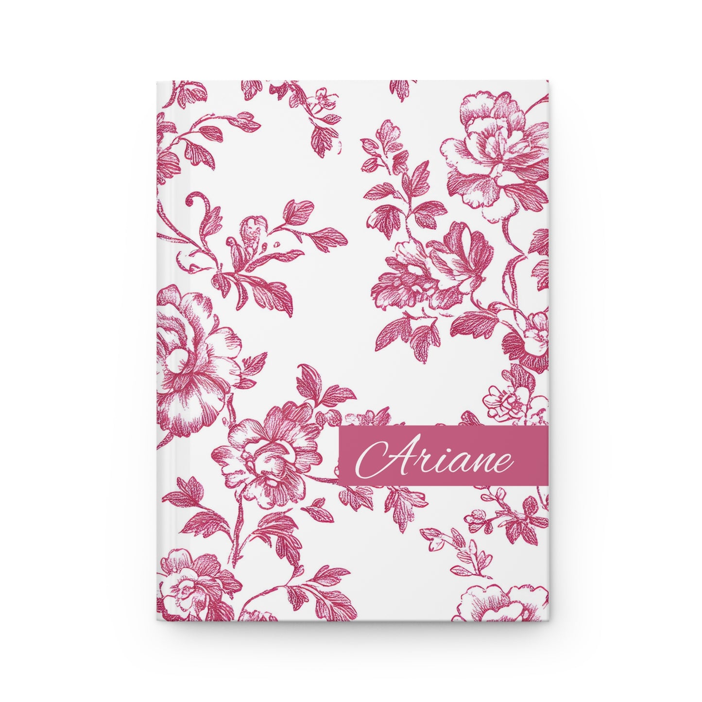 Personalized floral red toile journal on a white background