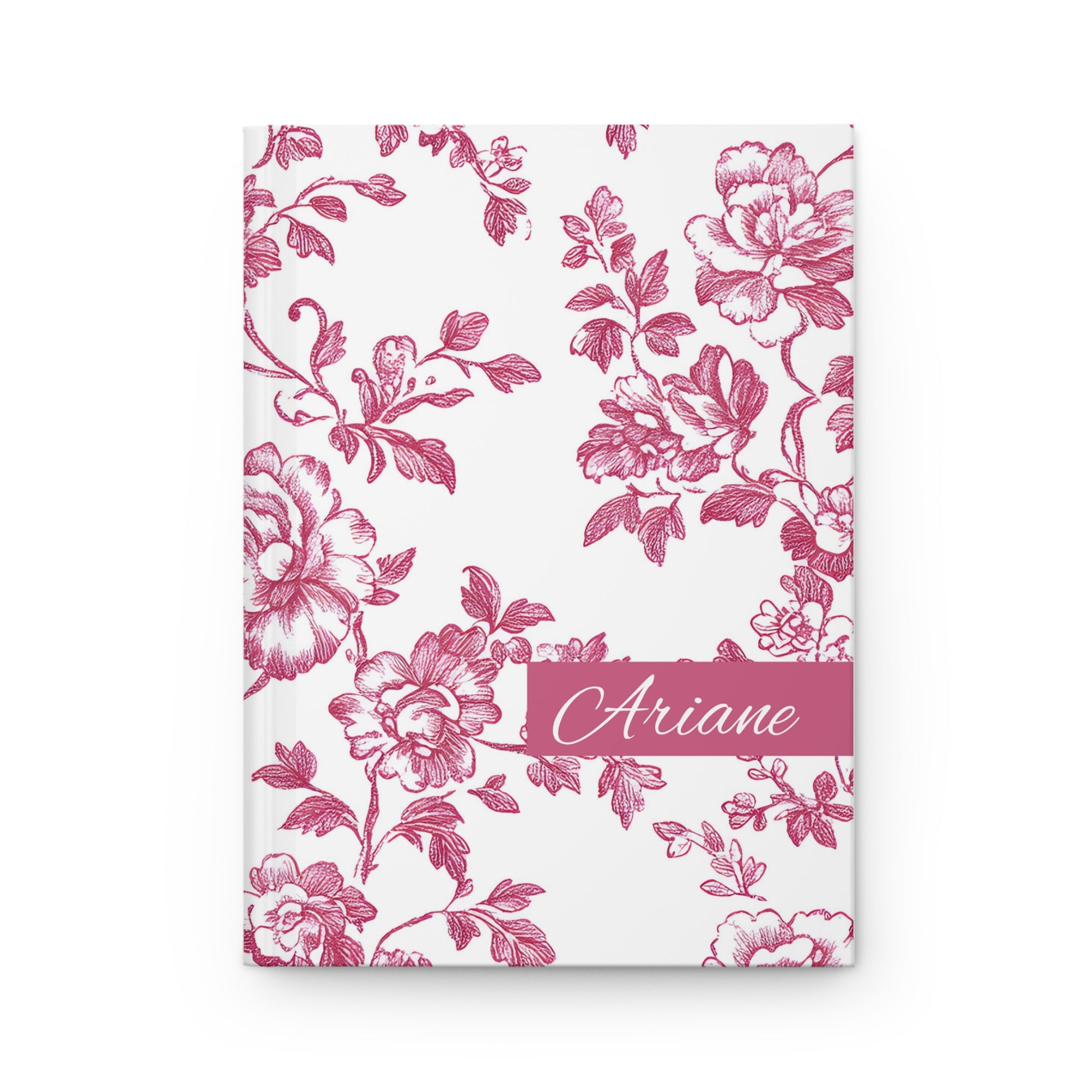 Personalized floral red toile journal on a white background