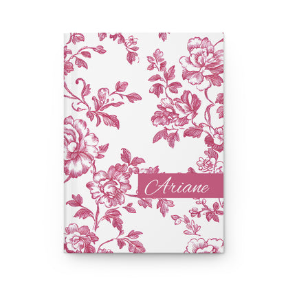 Personalized floral red toile journal on a white background