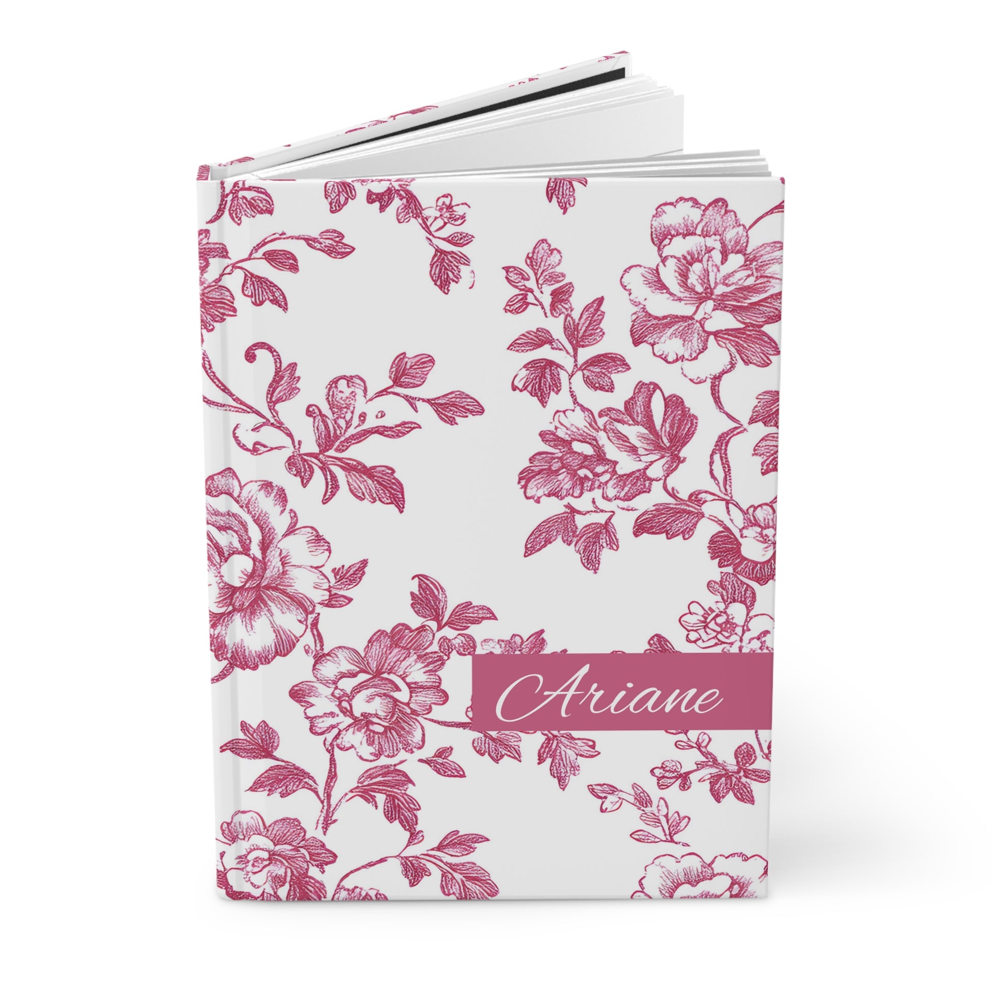Personalized red toile floral-patterned open journal