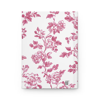 Personalized red toile floral journal back cover with pink flowers on a white background