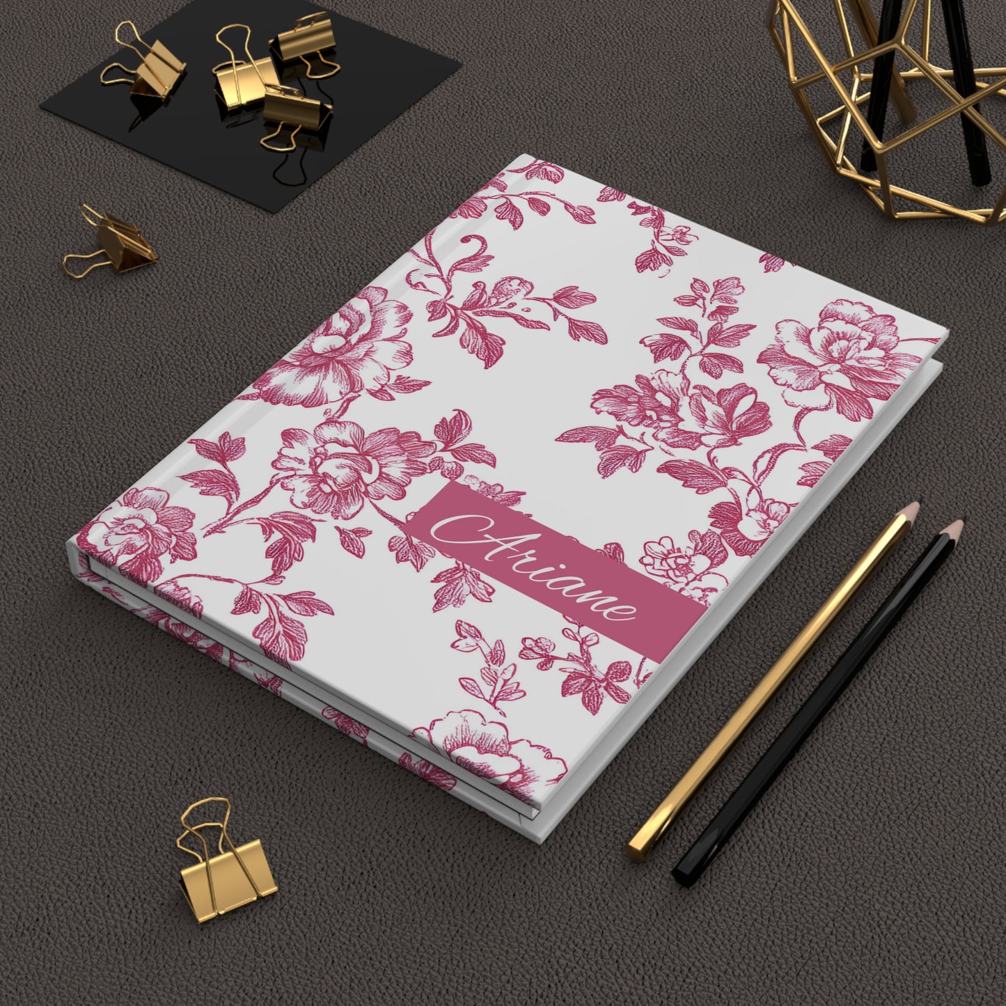 Personalized red toile floral journal with a desk setting