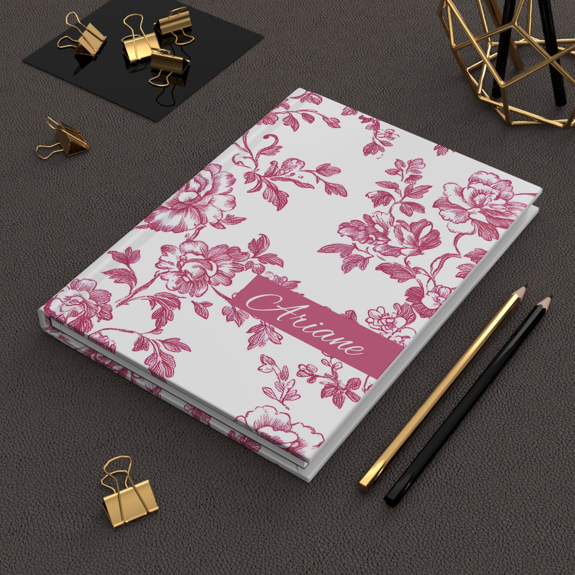 Personalized red toile floral journal with a desk setting