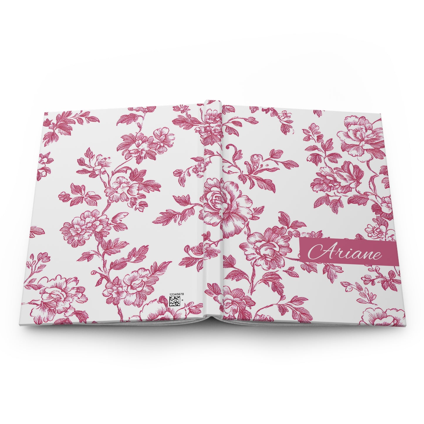 Personalized red toile floral-patterned journal lying flat showing both front and back