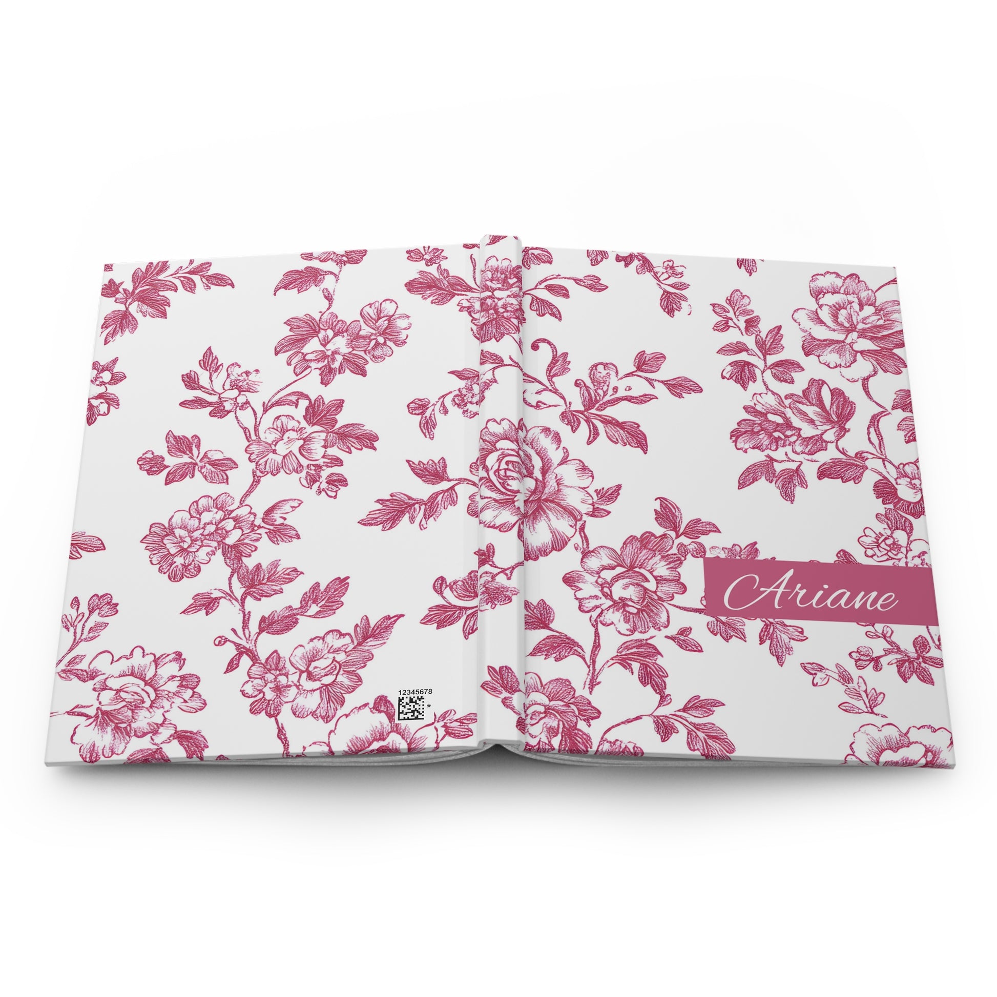 Personalized red toile floral-patterned journal lying flat showing both front and back