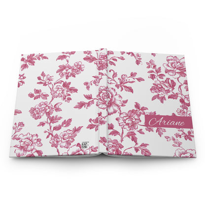 Personalized red toile floral-patterned journal lying flat showing both front and back