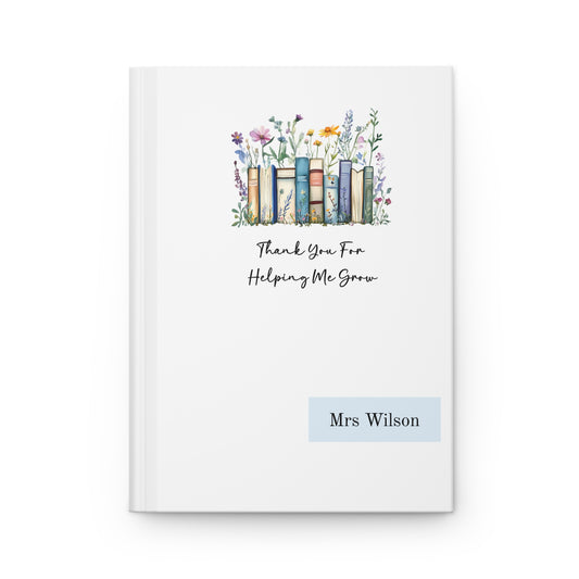 Personalized Hardcover Journal for Teachers with floral design, books, and text on a white background