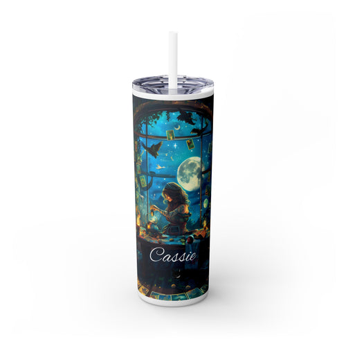 Tumbler with a fantasy design featuring a person by a window with moonlight and birds, and a name shown on a white background.