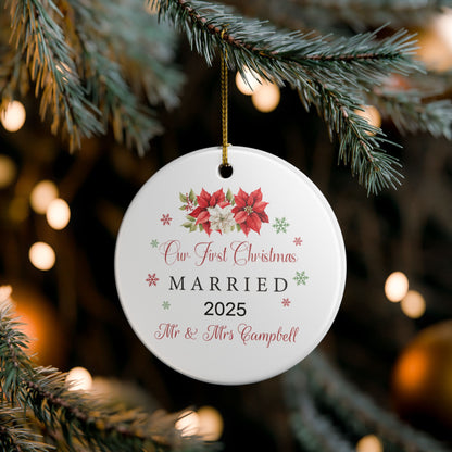 Christmas ornament with 'Our First Christmas Married' text space for year and Mr and Mrs Name on a tree branch.