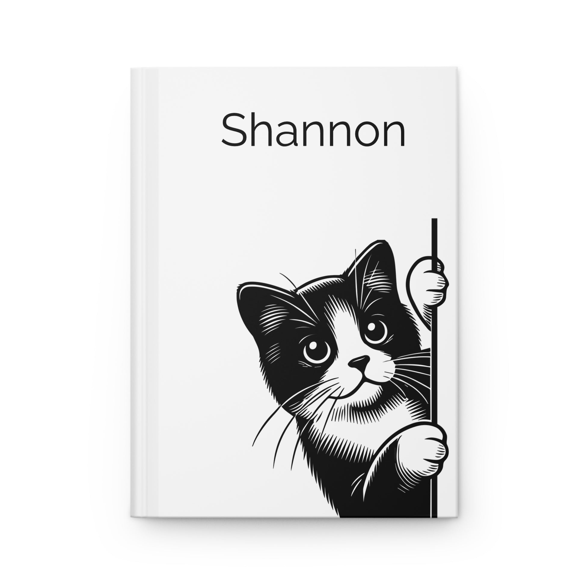 Personalized Peeking Kittens Hardcover Journal with a black and white cat illustration and the name on a white background