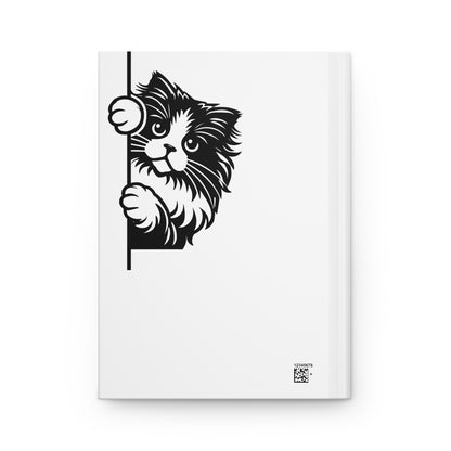 White hardcover journal with a black cat illustration on the back cover