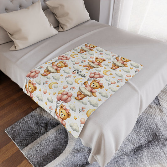 Personalized whimsical pink teddy bear ballerina pattern, featuring balloons, moons, stars, and clouds in soft pastel tones.