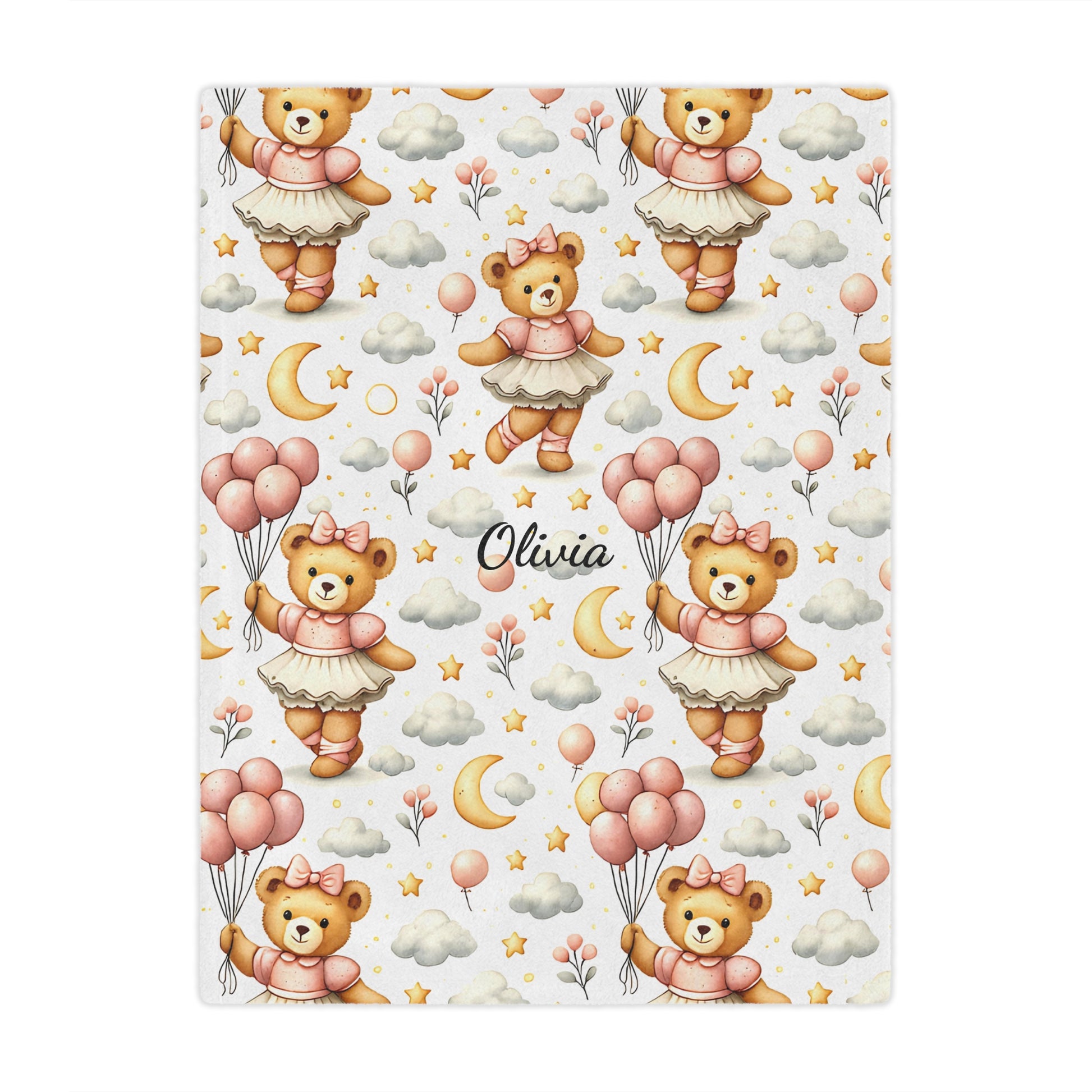 Personalized whimsical pink teddy bear ballerina pattern, featuring balloons, moons, stars, and clouds in soft pastel tones. 