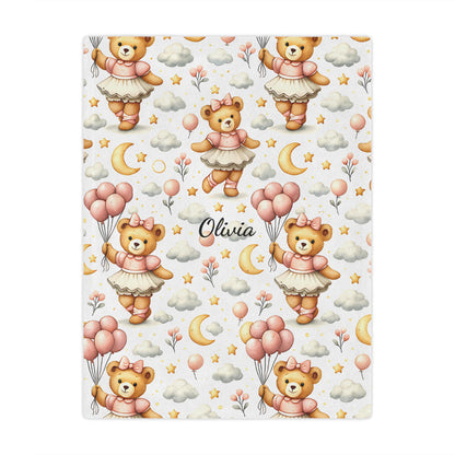 Personalized whimsical pink teddy bear ballerina pattern, featuring balloons, moons, stars, and clouds in soft pastel tones. 