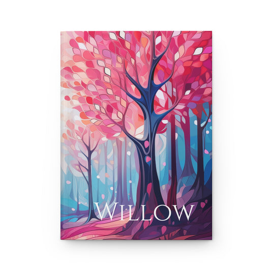 Personalized Stainless Glass Forest Hardcover journal with a tree design and name on a white background