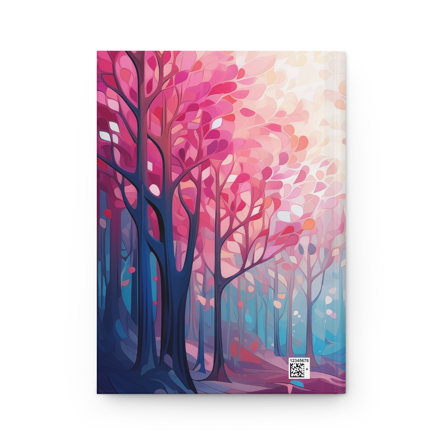 Back cover of journal with a colorful forest design on a white background
