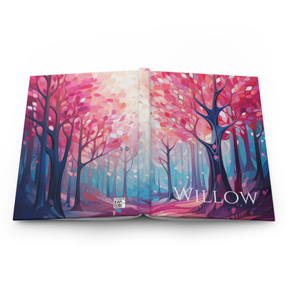 Open book with a colorful forest illustration and 'Willow' branding on a white background