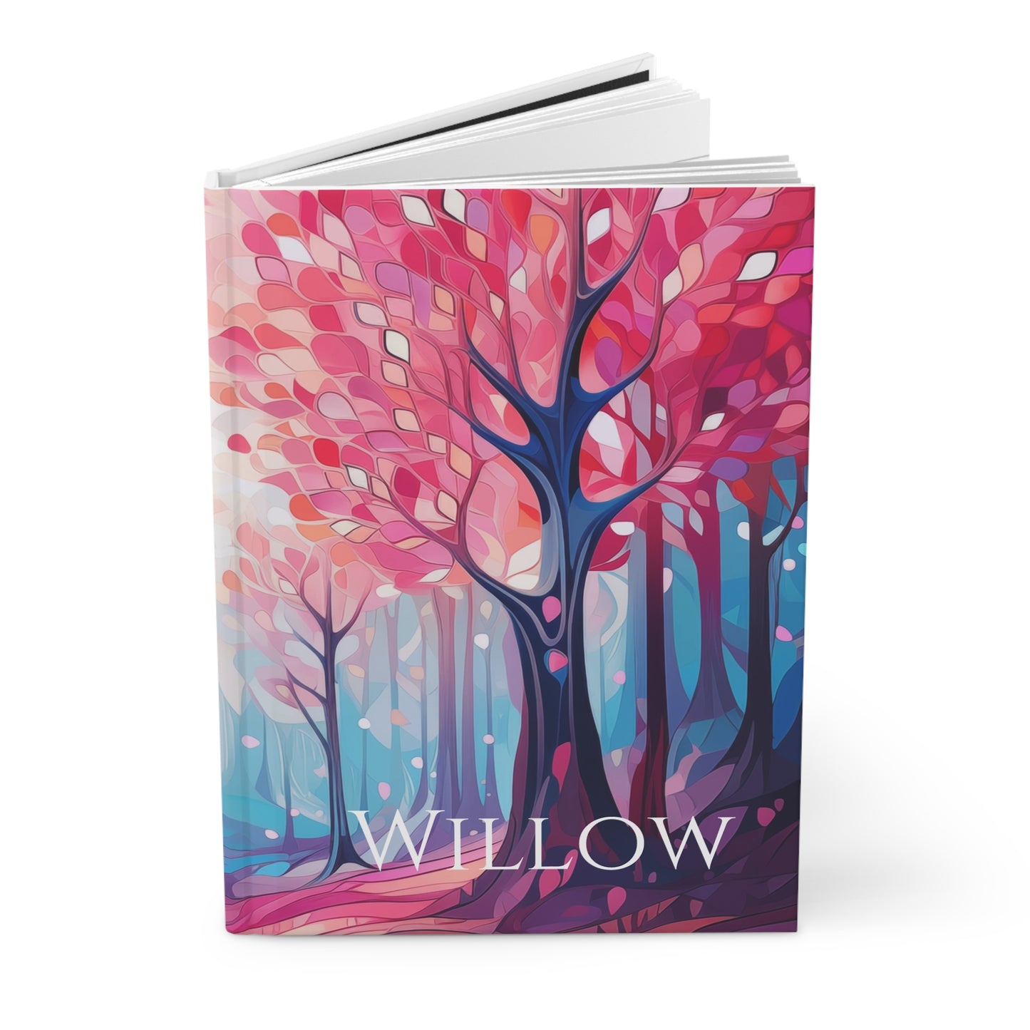 Personalized open journal with a colorful tree design and name on the cover