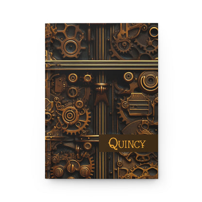 Personalized steampunk hardcover journal with steampunk design and 'Quincy' name on a white background