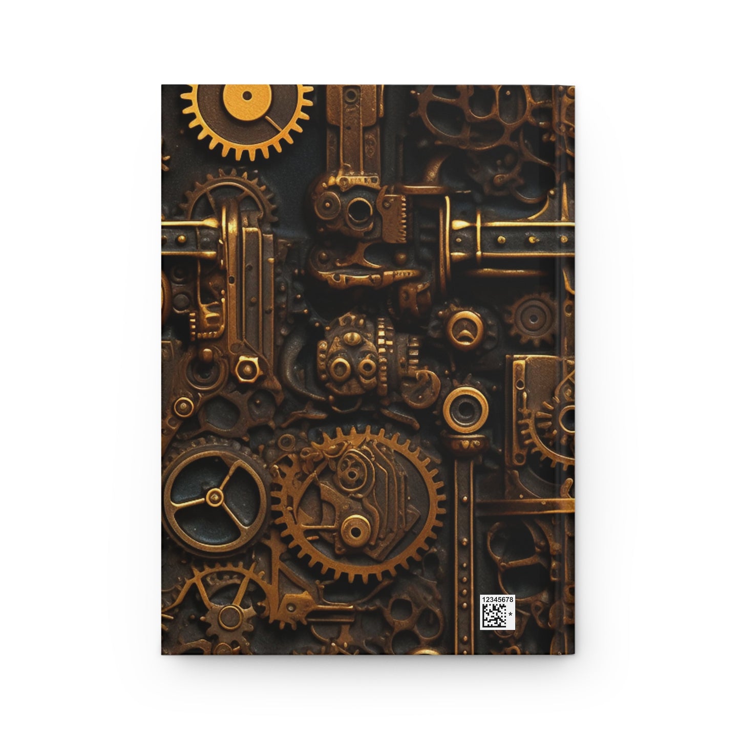 Hardcover journal with intricate gold and bronze mechanical steampunk gear design on a white background