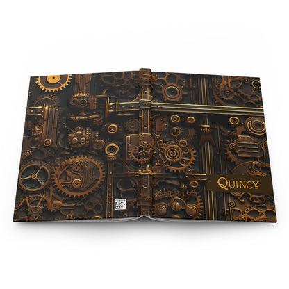 Hardcover journal lying face down showing both front and back covers at the same time