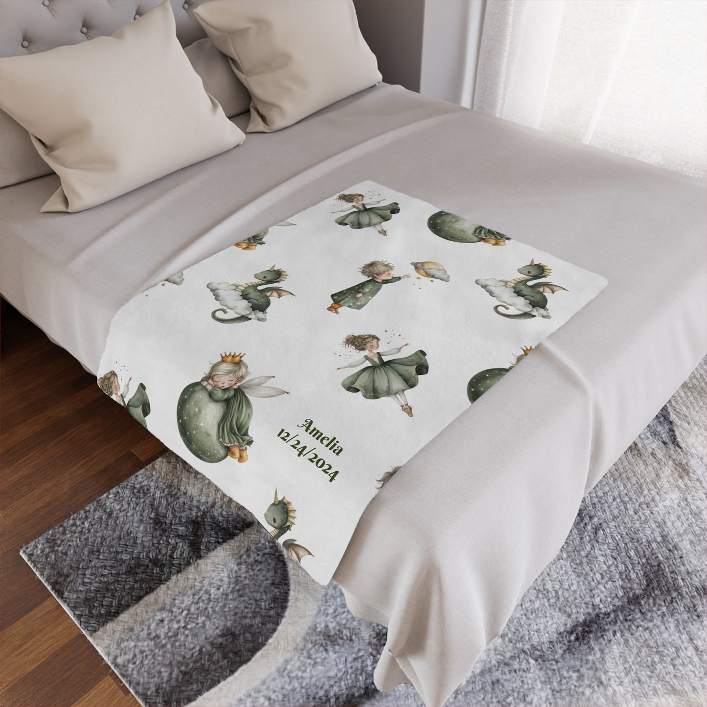 Personalized whimsical children's fairytale Minky blanket featuring fairy designs and personalized text.