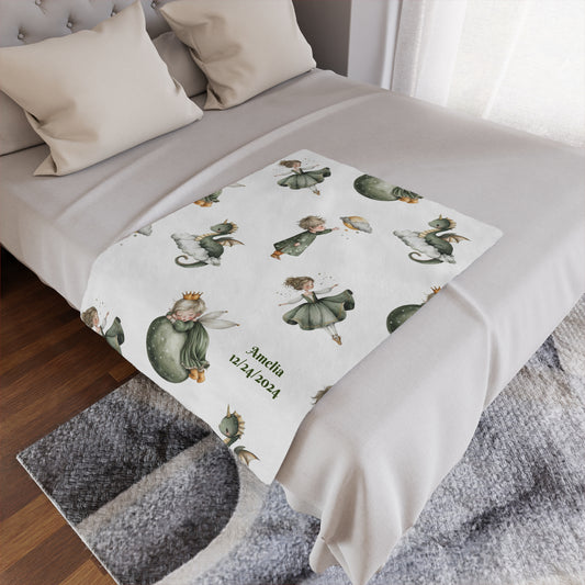Personalized whimsical children's fairytale Minky blanket featuring fairy designs and personalized text.