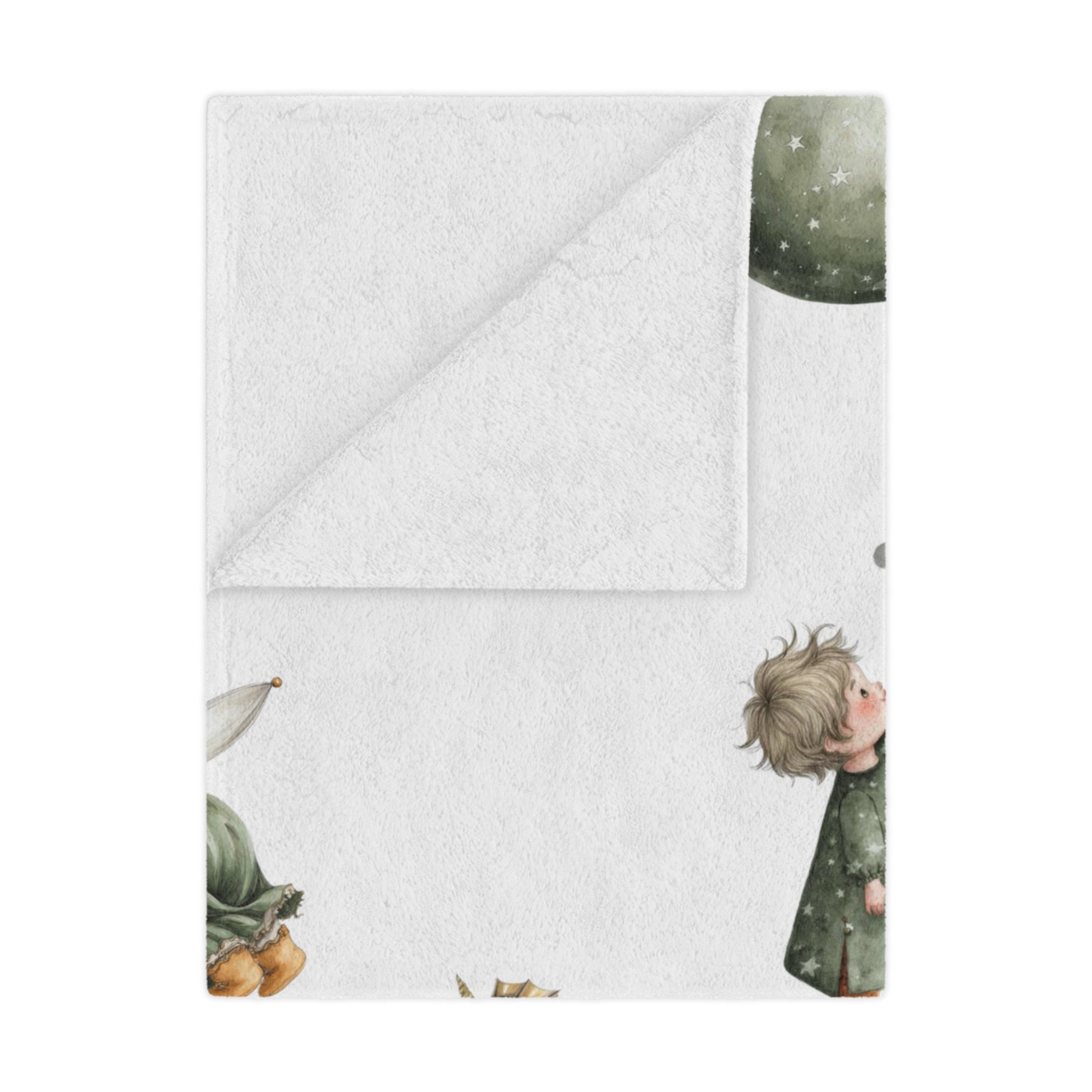 Personalized whimsical children's fairytale Minky blanket featuring fairy designs and personalized text.