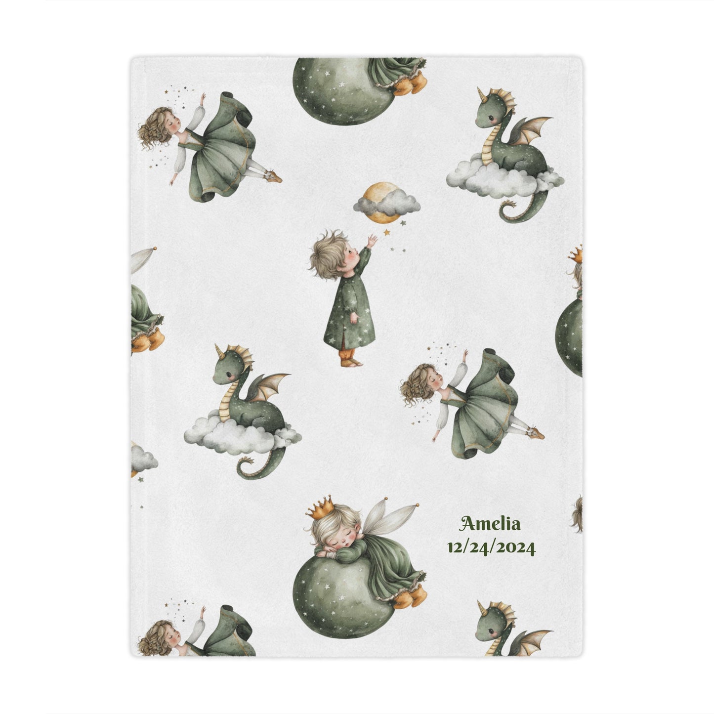 Personalized whimsical children's fairytale Minky blanket featuring fairy designs and personalized text.