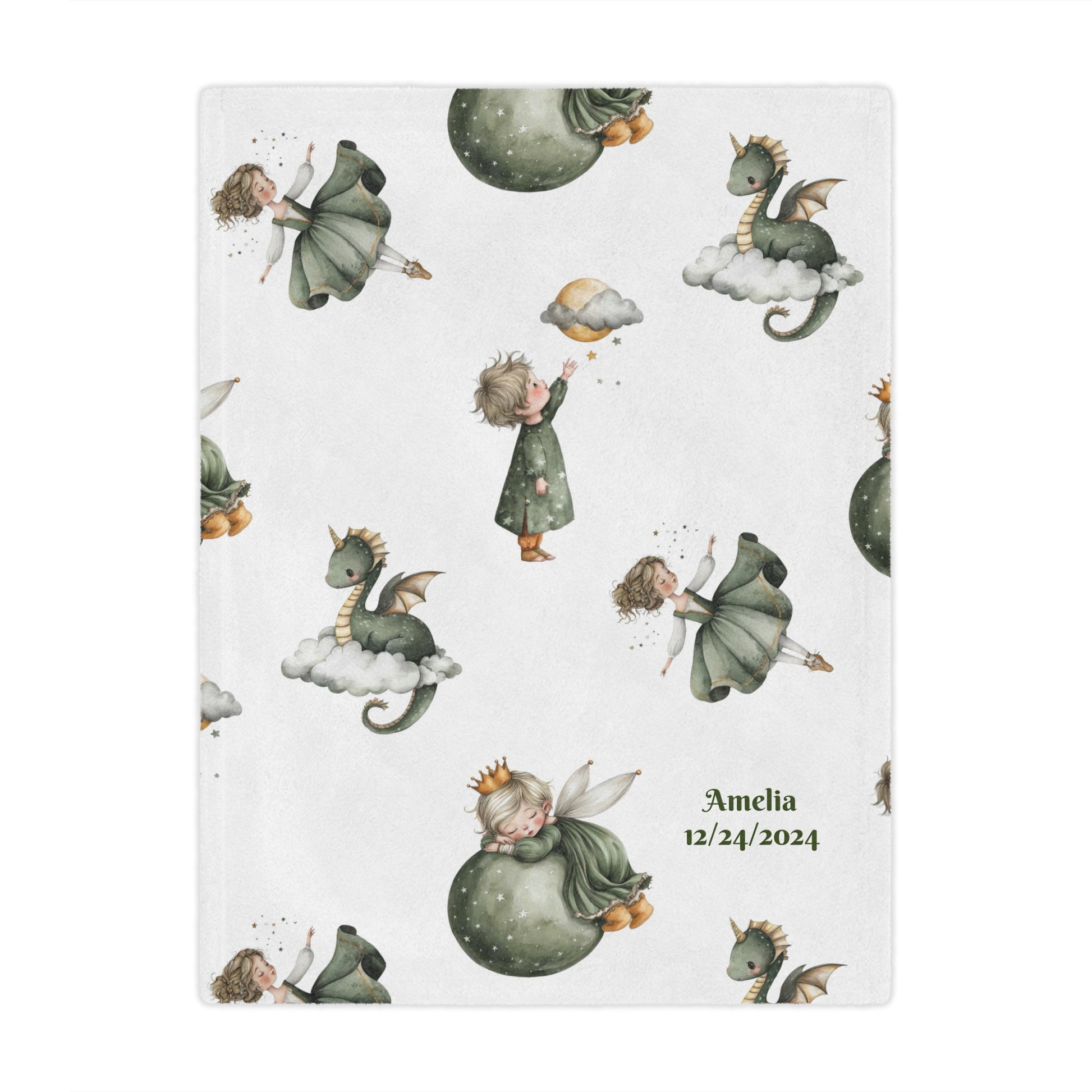 Personalized whimsical children's fairytale Minky blanket featuring fairy designs and personalized text.