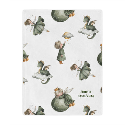Personalized whimsical children's fairytale Minky blanket featuring fairy designs and personalized text.