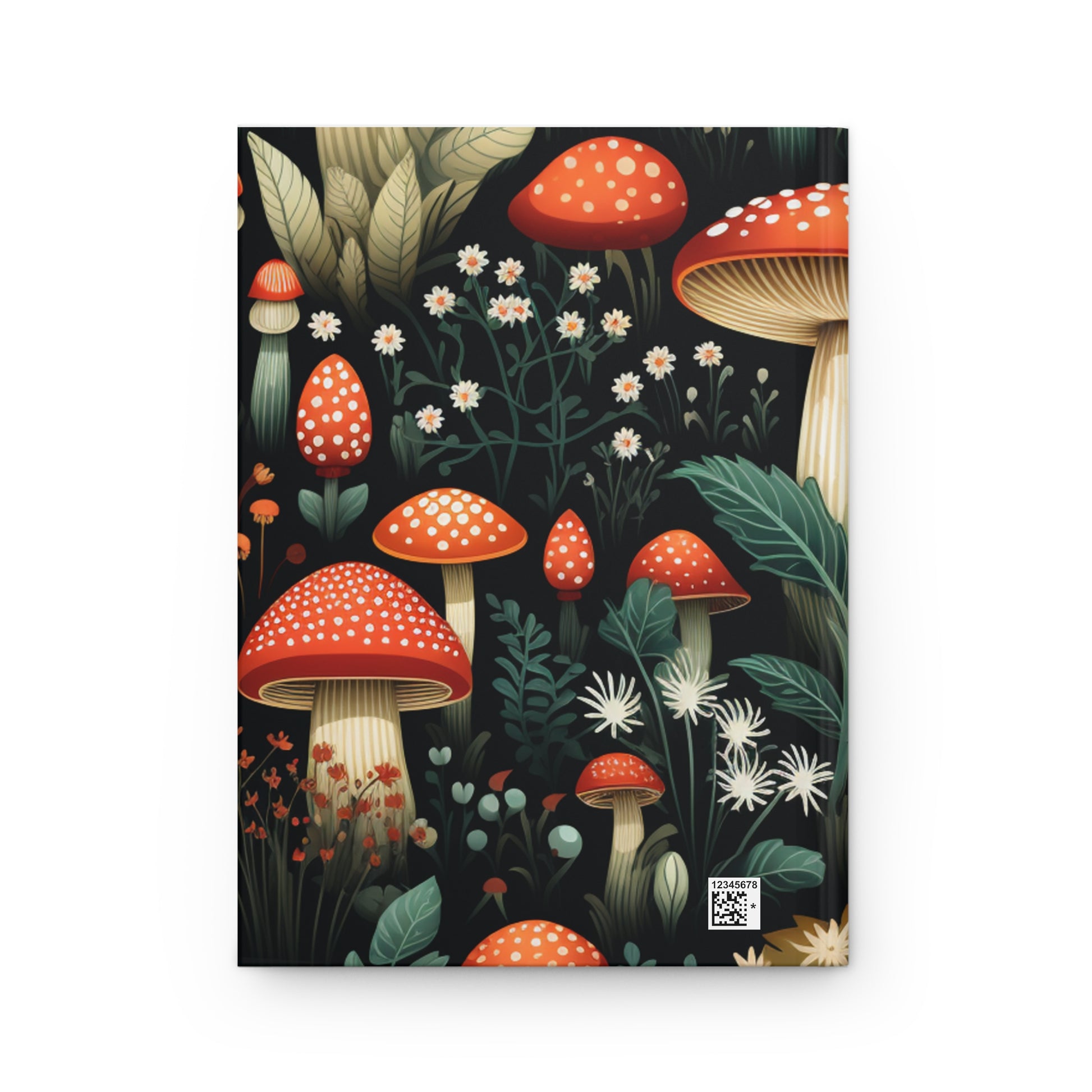 Back cover of hardcover journal with a whimsical mushroom and floral design on a black background