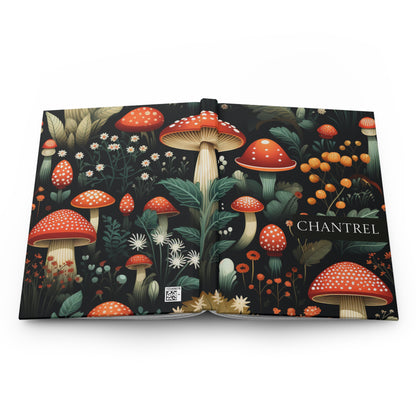 Open personalized journal lying flat showing front and back covers with a colorful mushroom design on a black background