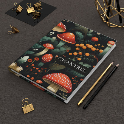 Personalized Hardcover Journal with a mushroom design on a dark surface with stationery items.