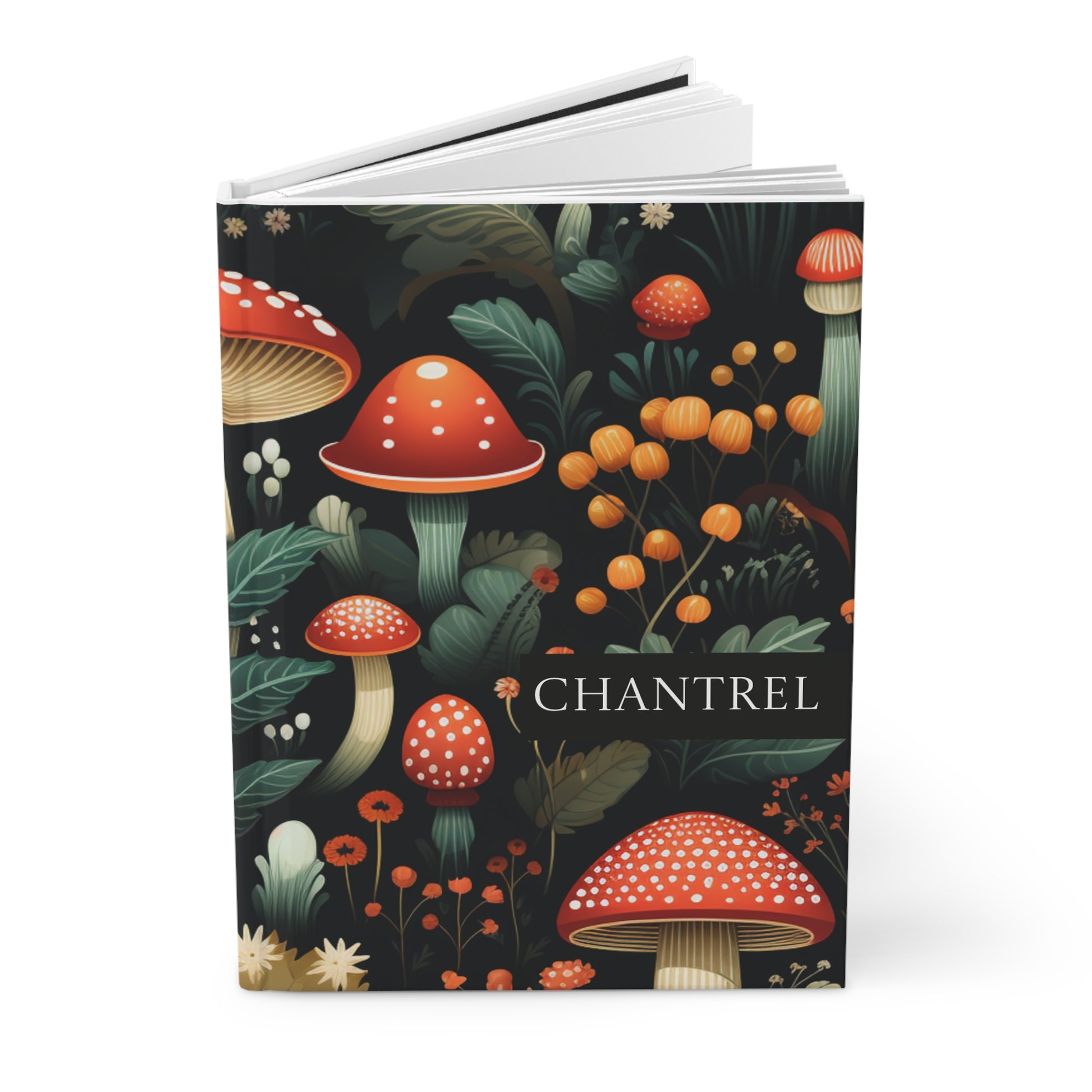Personalized open journal with a colorful mushroom design on the cover