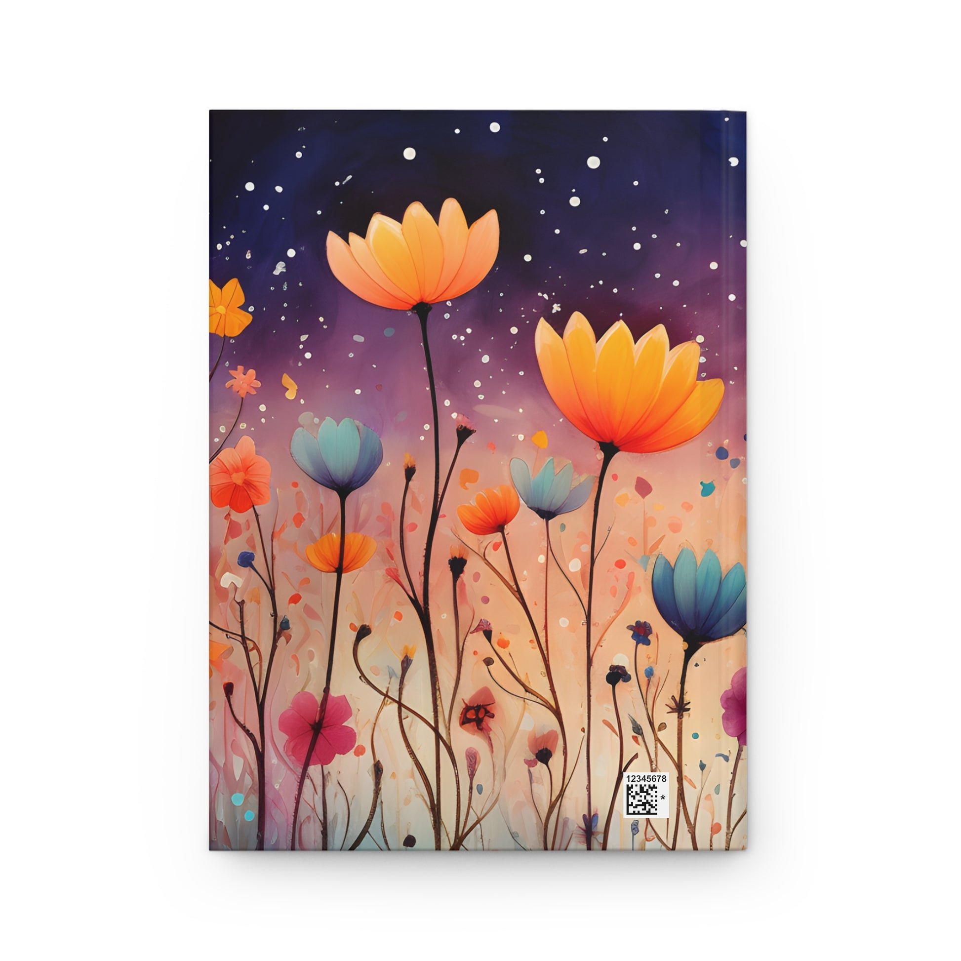 Whimsical wildflower hardcover journal with colorful floral design on a white background back cover