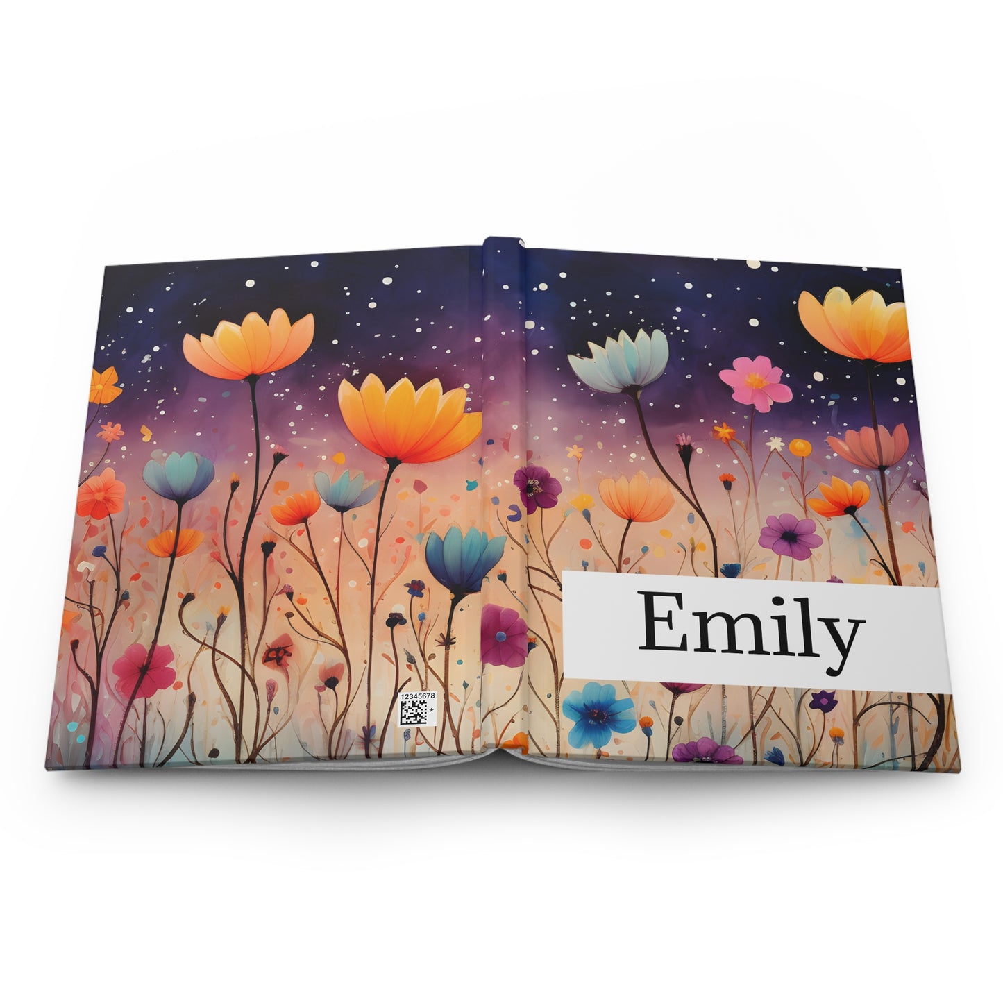 Personalized Whimsical Wildflower Hardcover Journal lying flat showing both front and back covers