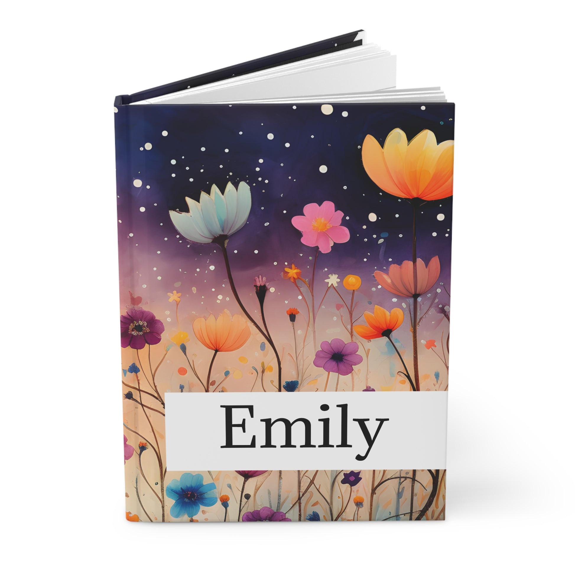 Personalized open journal with colorful floral design on a white background