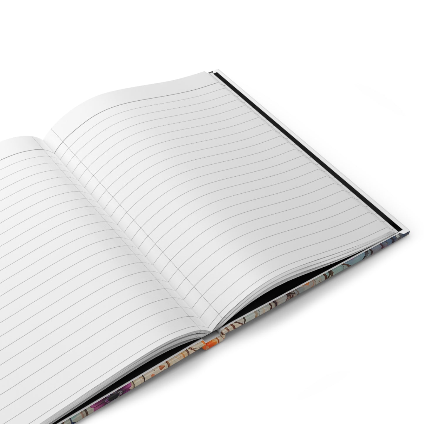 Open journal with lined pages on a white background