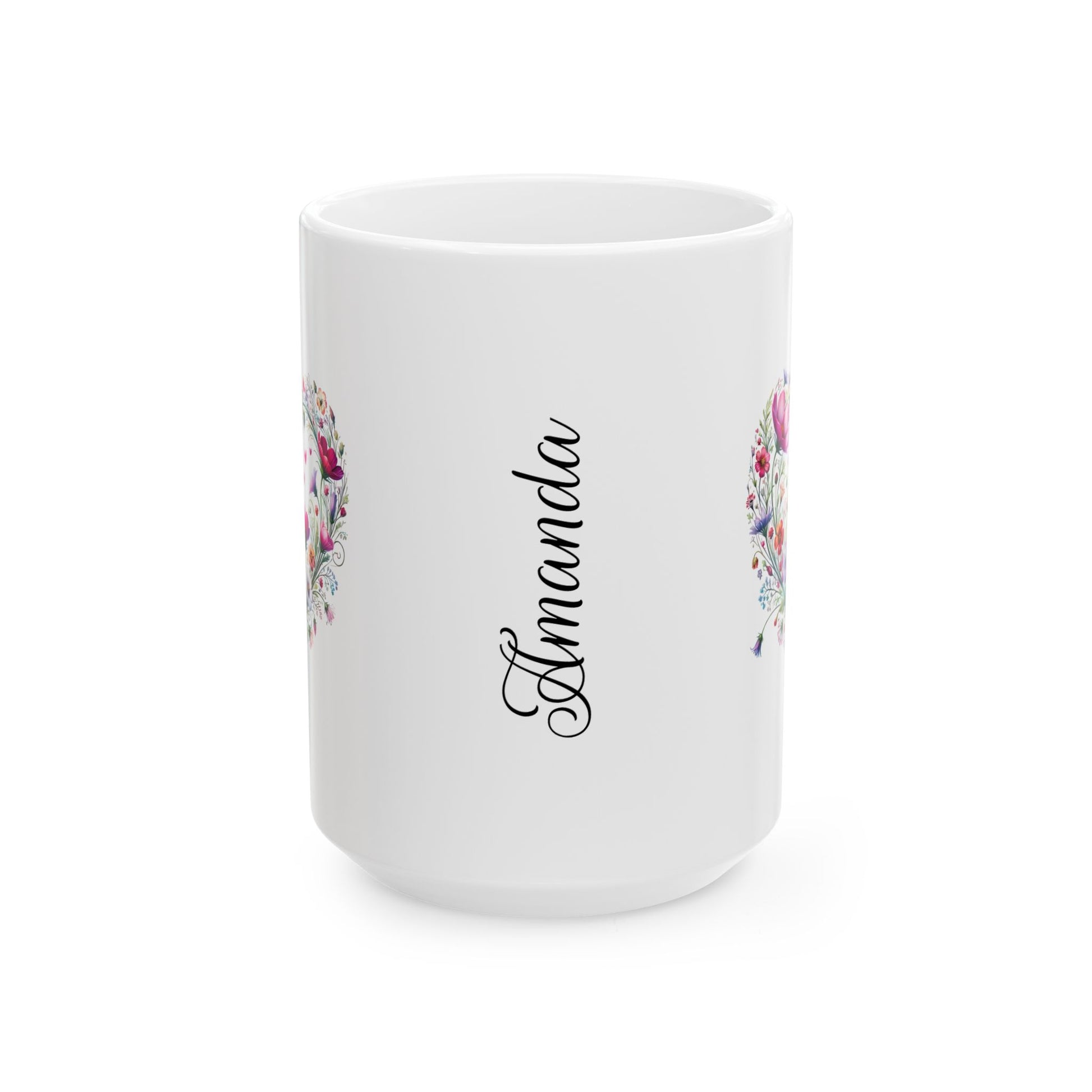 White ceramic mug with floral Wildflower Boho Heart designs on sides and 'Amanda' text in the center on a white background