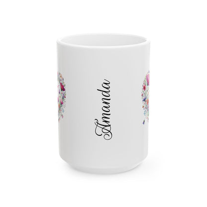 White ceramic mug with floral Wildflower Boho Heart designs on sides and 'Amanda' text in the center on a white background