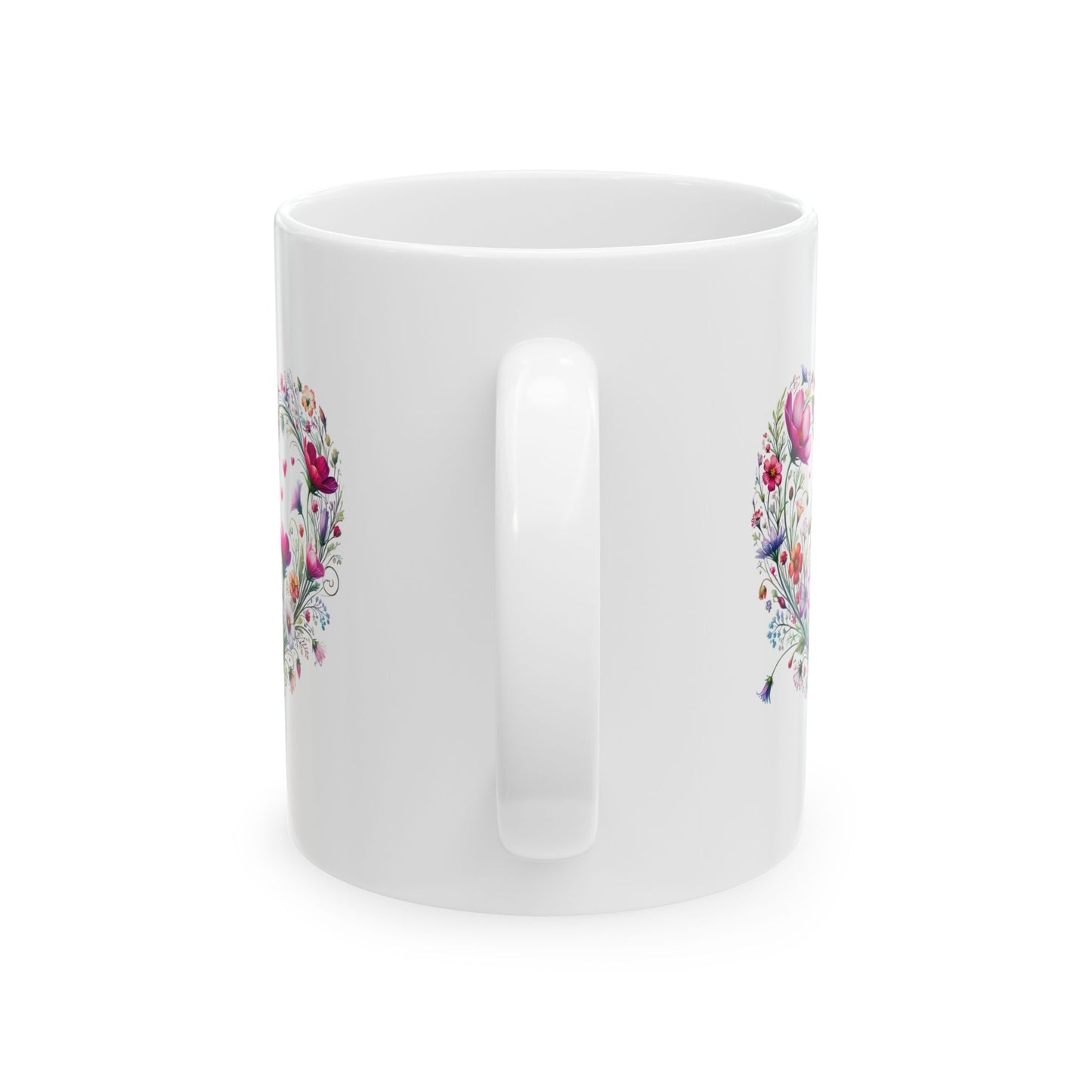 White mug with floral patterns on a white background - Back Handle Side