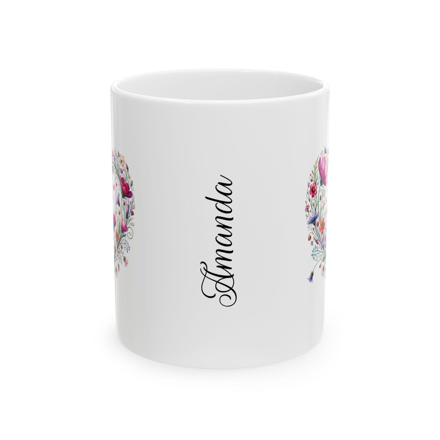 White ceramic mug with floral wildflower boho heart designs on sides and 'Amanda' printed in the front center on a white background