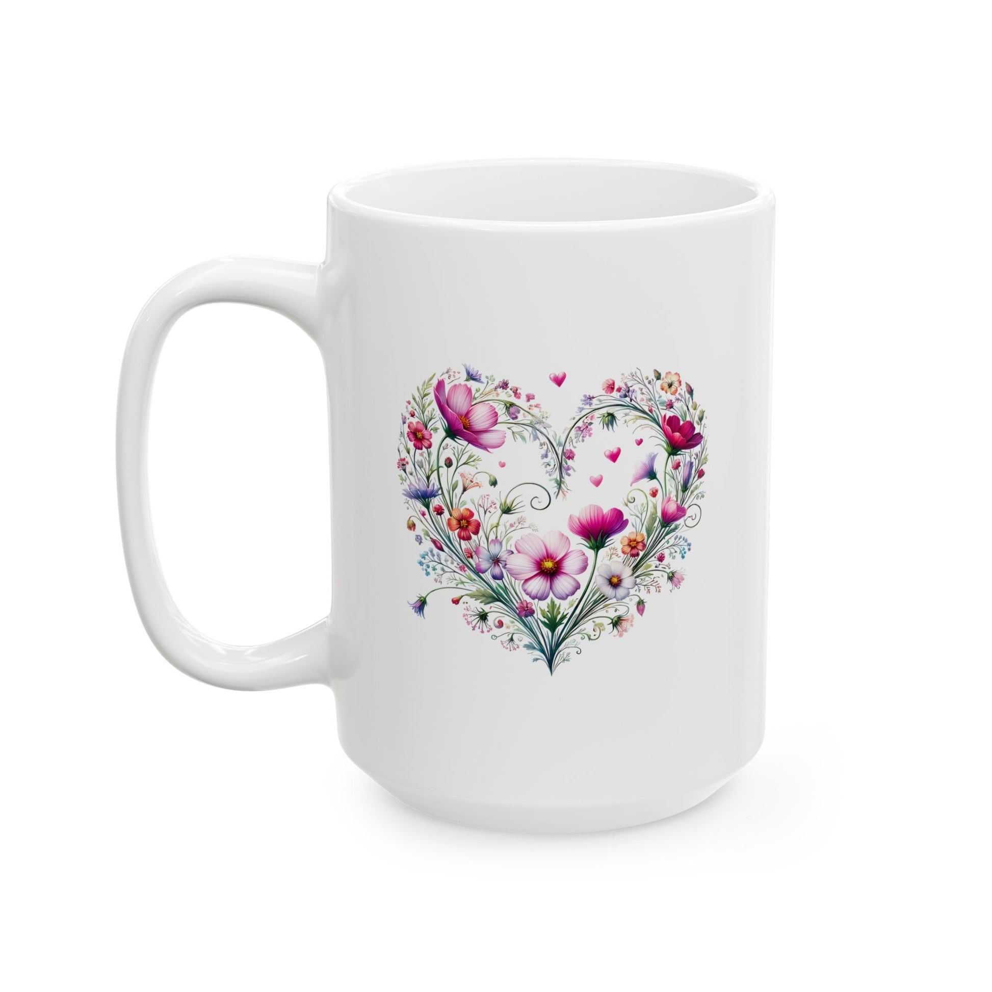 White ceramic mug with a floral Wildflower Boho Heart design on a white background