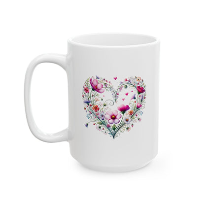 White ceramic mug with a floral Wildflower Boho Heart design on a white background